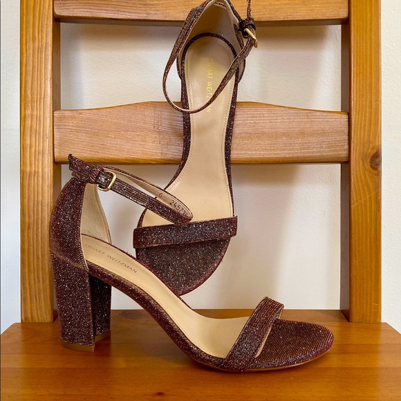 Stuart Weitzman Glittery Red/Brown Block Heels Sz 7 - Picture 1 of 10
